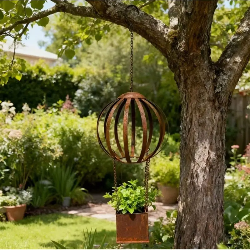 Vintage Rust Hot Air Balloon Hanging Planter, Iron Art Ball with Chain Bucket, Ideal for Outdoor Garden, Patio Decor, Courtyard Landscape