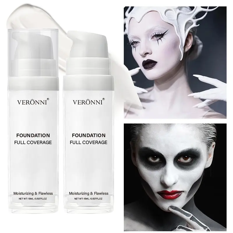 2-Piece Veronni 15ML White Liquid Foundation Set for Halloween Goth Makeup, Waterproof Full Coverage White Foundation for SFX Skeleton Zombie Clown Cosplay Makeup Face Paint for Adult Halloween Party