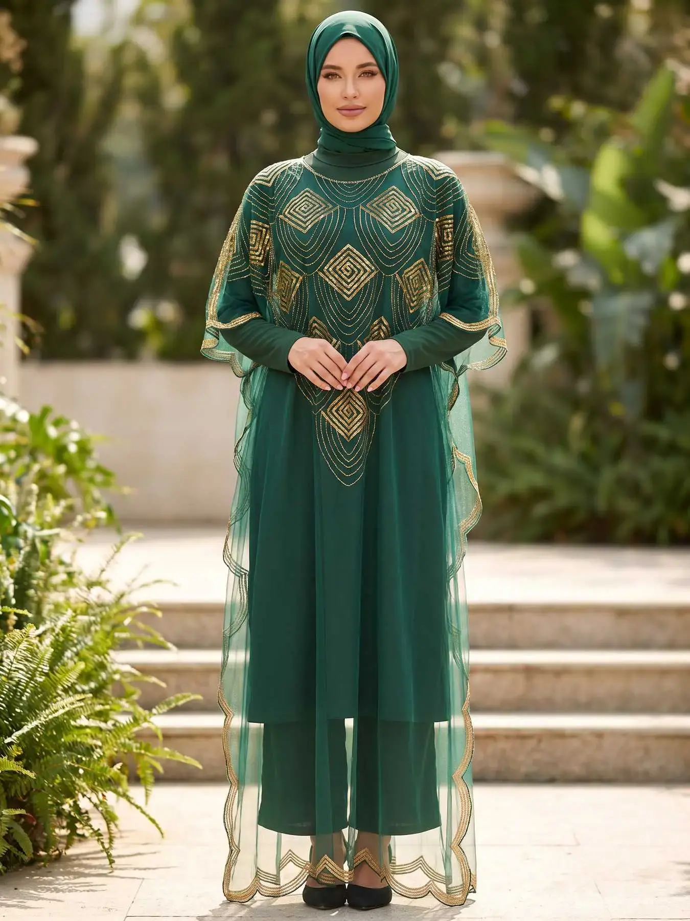 One Size Muslim Women Kaftan Abaya, Luxury Gold Beaded Sheer Tulle Cape Overlay Long Dress, Loose Formal Occasion Long Gown, Dark Green CX32