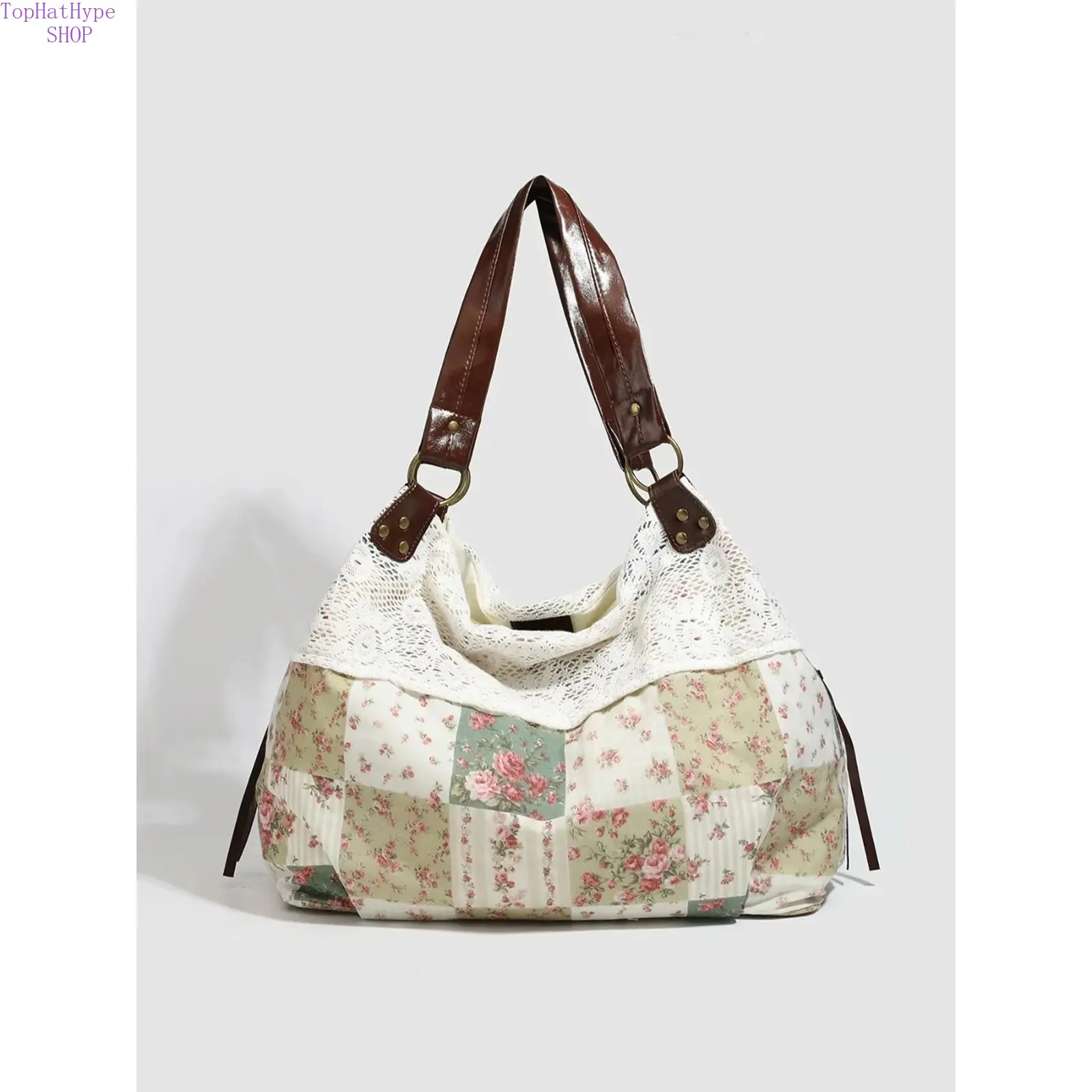Women's Vintage Floral Patch Lace Patchwork Underarm Tote Bag, Faux Leather Large-Capacity Retro Purse for Commute, Shopping, Ideal Holiday Gift for Ladies, Daily Use