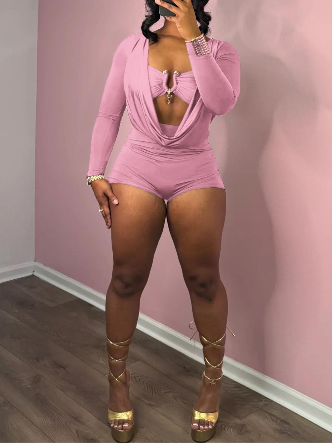 Women's 2 in 1 Draped Design Romper, Casual Thigh Fitted Long Sleeve Skinny Romper for Daily Wear, Ladies Clothes for Spring & Fall