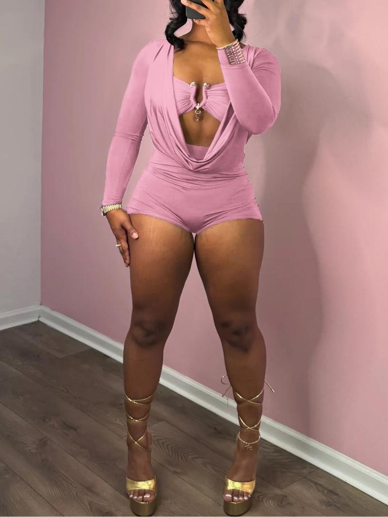 Women's 2 in 1 Draped Design Romper, Casual Thigh Fitted Long Sleeve Skinny Romper for Daily Wear, Ladies Clothes for Spring & Fall