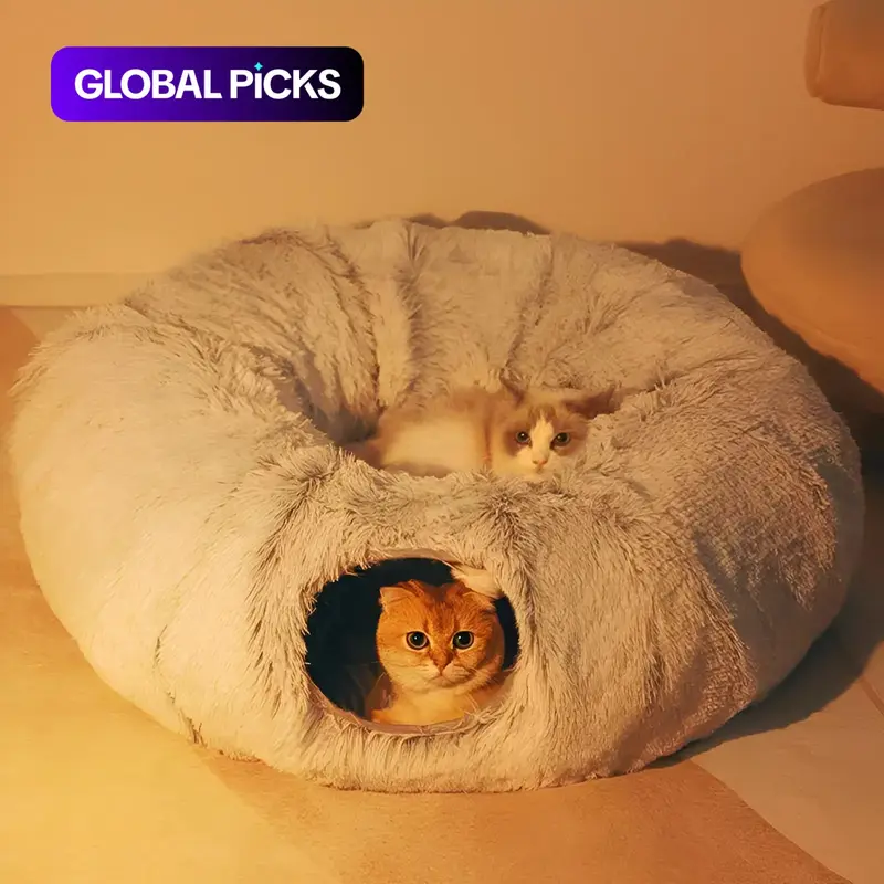 Winter Warm Pet Bed, 2 in 1 Foldable Cat Tunnel Cat Bed, Warm Plush Cat Bed with Hanging Ball & Tunnel Buckle, Pet Supplies for Indoor Outdoor Use 0