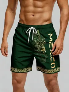 Men's Gold Embossed Mexican Print Shorts, Eagle Pattern, Drawstring Waist, Side Pockets, Summer Casual Five-Quarter Pants
