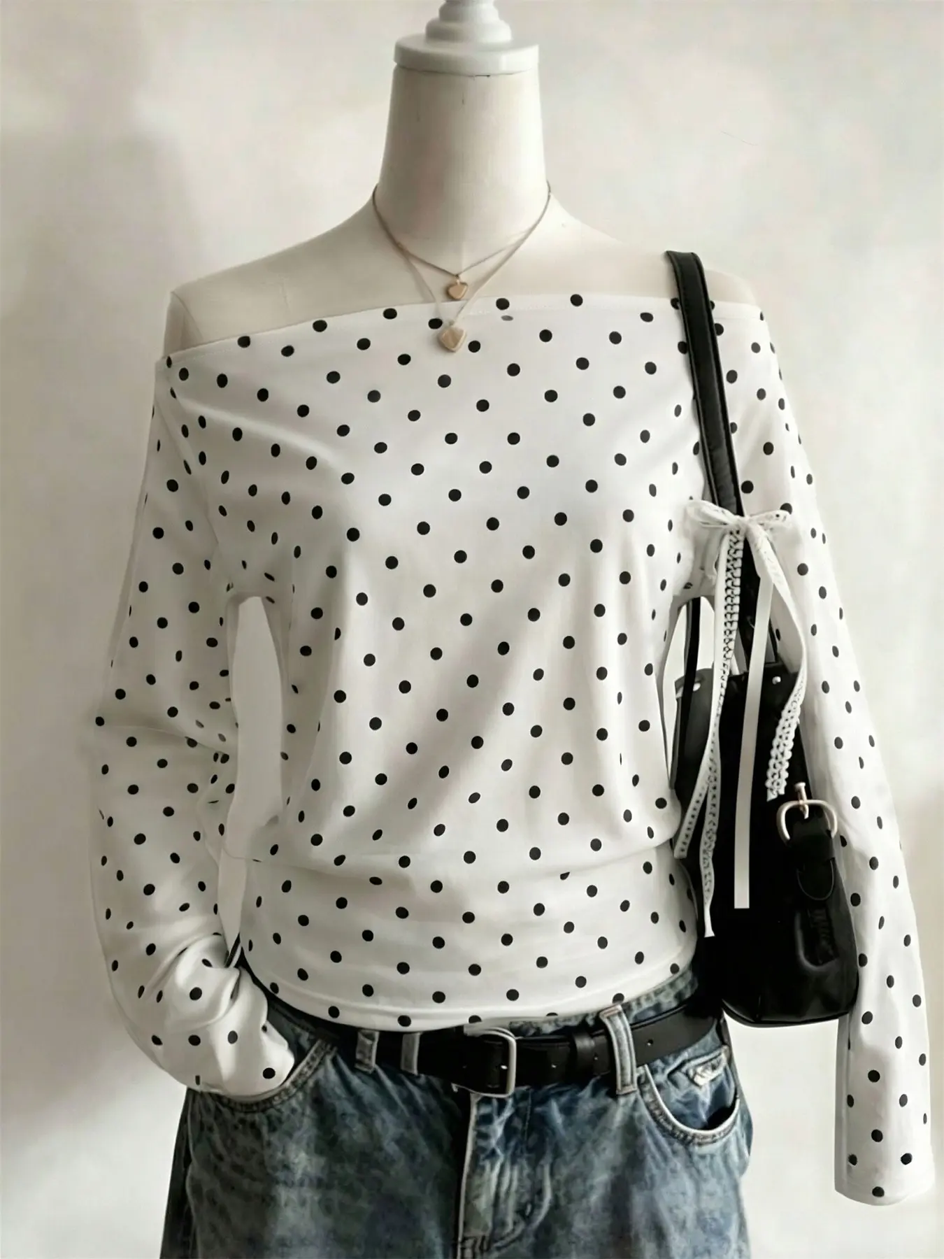 Women’s Polka Dot Off Shoulder Long Sleeve Blouse, Y2K Coquette Casual Urban Streetwear Slim Crop Top, Classic All Over Dot Pattern, Wide Bardot One Shoulder Neckline, Loose Long Sleeve Cut, Curved Hem With Waist Gathering Design, Relaxed Silhouette That