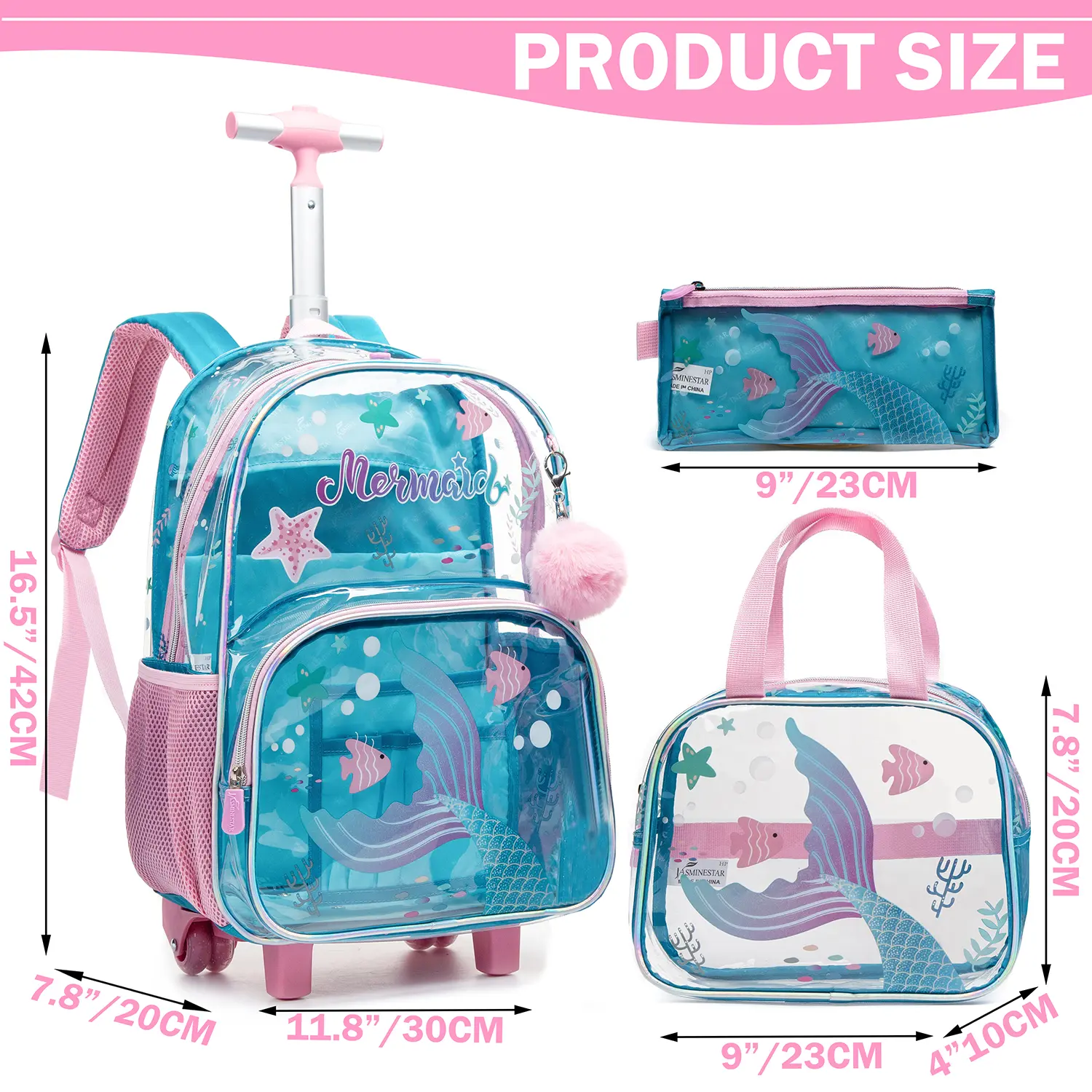 3-Piece Girls Clear Rolling Backpack Set | Transparent PVC Mermaid Schoolbag 16.5" Security Approved with Handheld Lunch Bag & Pencil Case | Cute See-Through Wheeled Trolley Bookbag