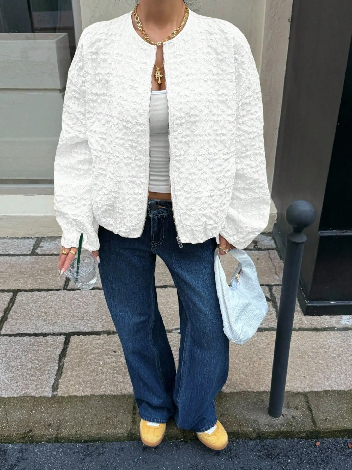 Street Style Plus Size Women's Jacquard Jacket, Casual Zipper Cardigan Coat, Ladies Trendy Comfortable Daily Wear Outerwear