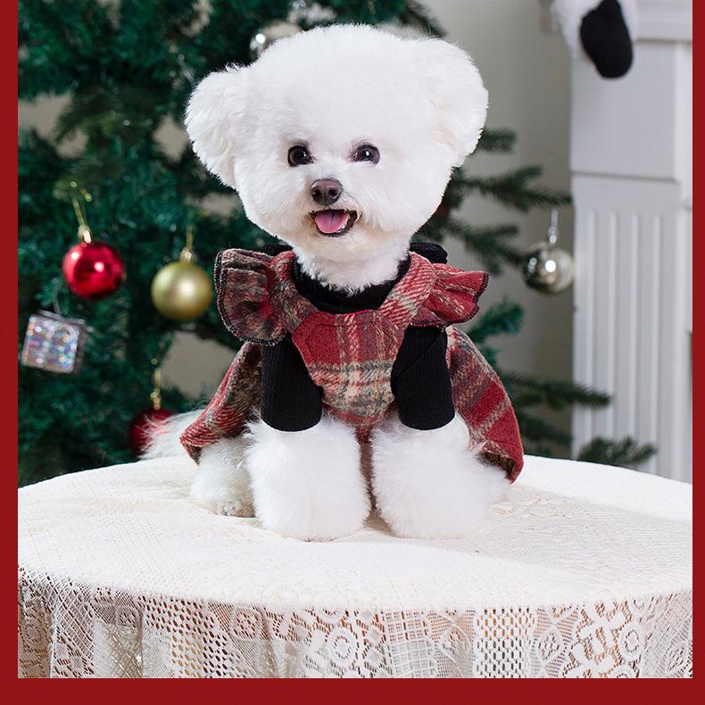 Christmas Red Plaid Dog Dress Winter Warm Puppy Clothes with Bow Cute Holiday Pet Apparel for Small Medium Dogs