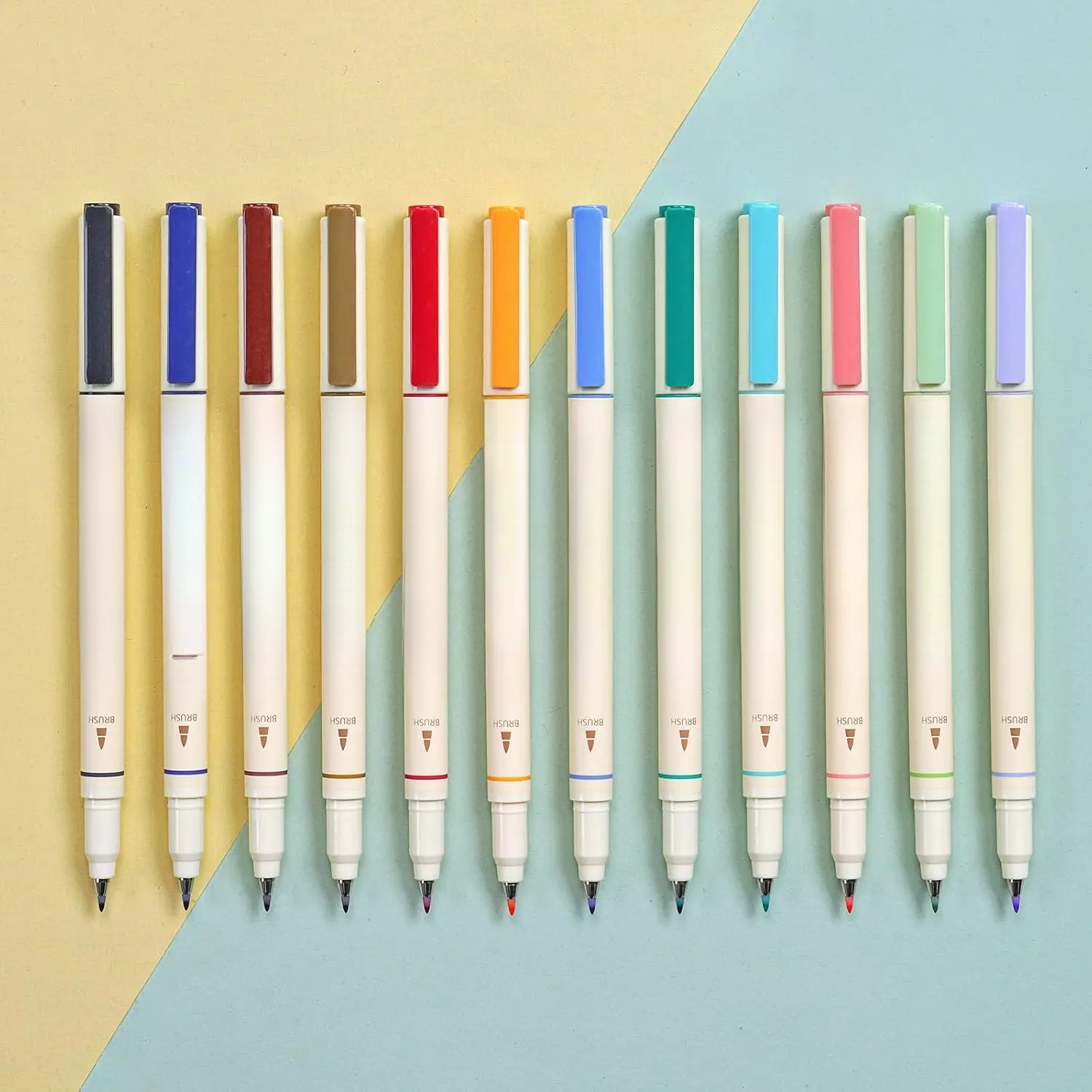 Baby-Friendly Water-Based Ink Pastel Assorted Colors Brush Pen Set - 12 Felt-Tip Markers for Lettering, Journaling - New Natural Model, Pastels