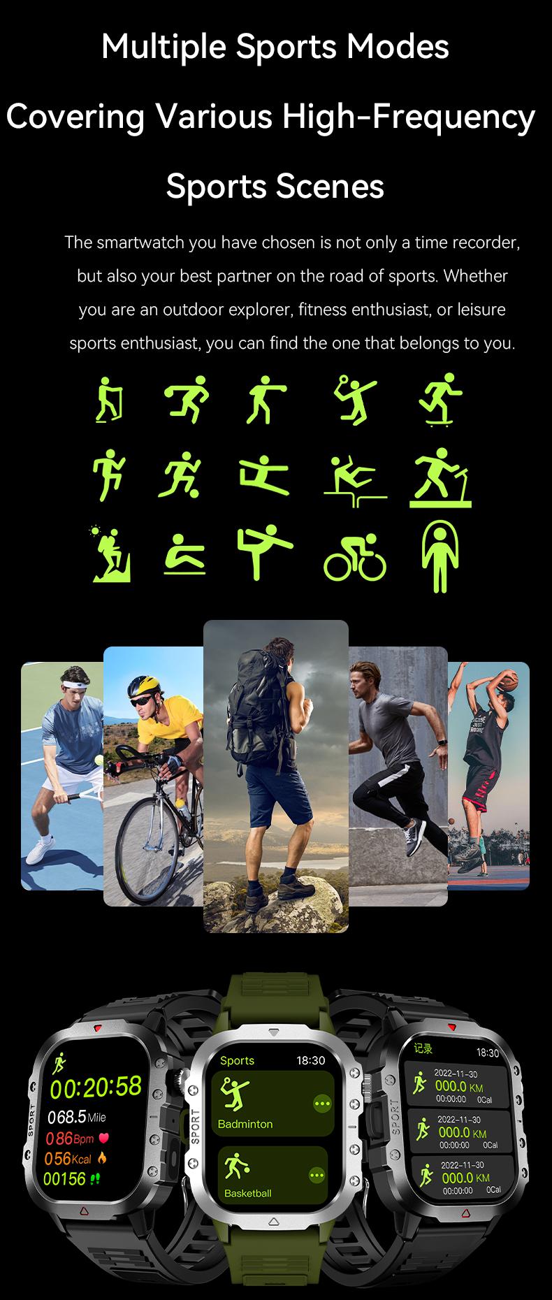 Rugged Military Smart Watch Men's Outdoor Watch 2.01" HD Touch Screen Voice Bluetooth Call Smartwatch