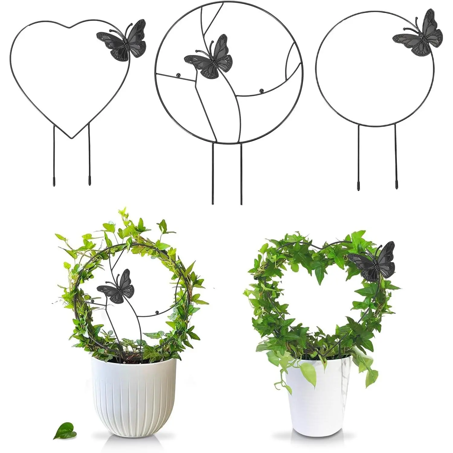 3Pack Trellis for Climbing Plants Indoor, Rust-Proof Trellis for Indoor Potted Plants Round Circle Trellis with Butterfly Houseplant Metal Wire Trellis for Vine Ivy Flower Plant Support