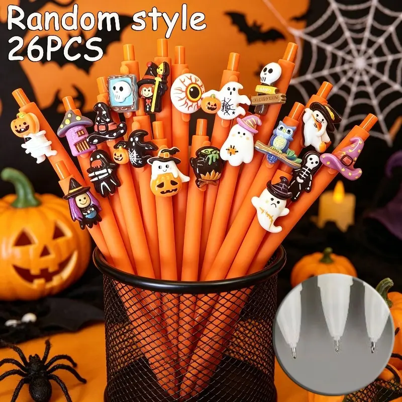 26Pcs Halloween Retractable Ballpoint Pens, Random Assorted Pack, Matte Orange Barrel with Pumpkin Witch Hat, Owl & Spooky Eyeball Ornaments, Stationery for Daily Office & Halloween Party Gift Fillers