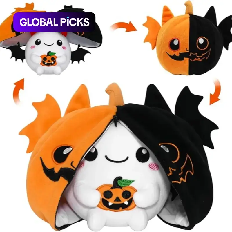 2-In-1 Reversible Halloween Pumpkin Bat Plush Toy, Flip Double Sided Ghost Stuffed Doll, Cute Spooky Soft Huggable Plushie Decor Soft Cuddly Gift for Kids #GLOBAL PICKS