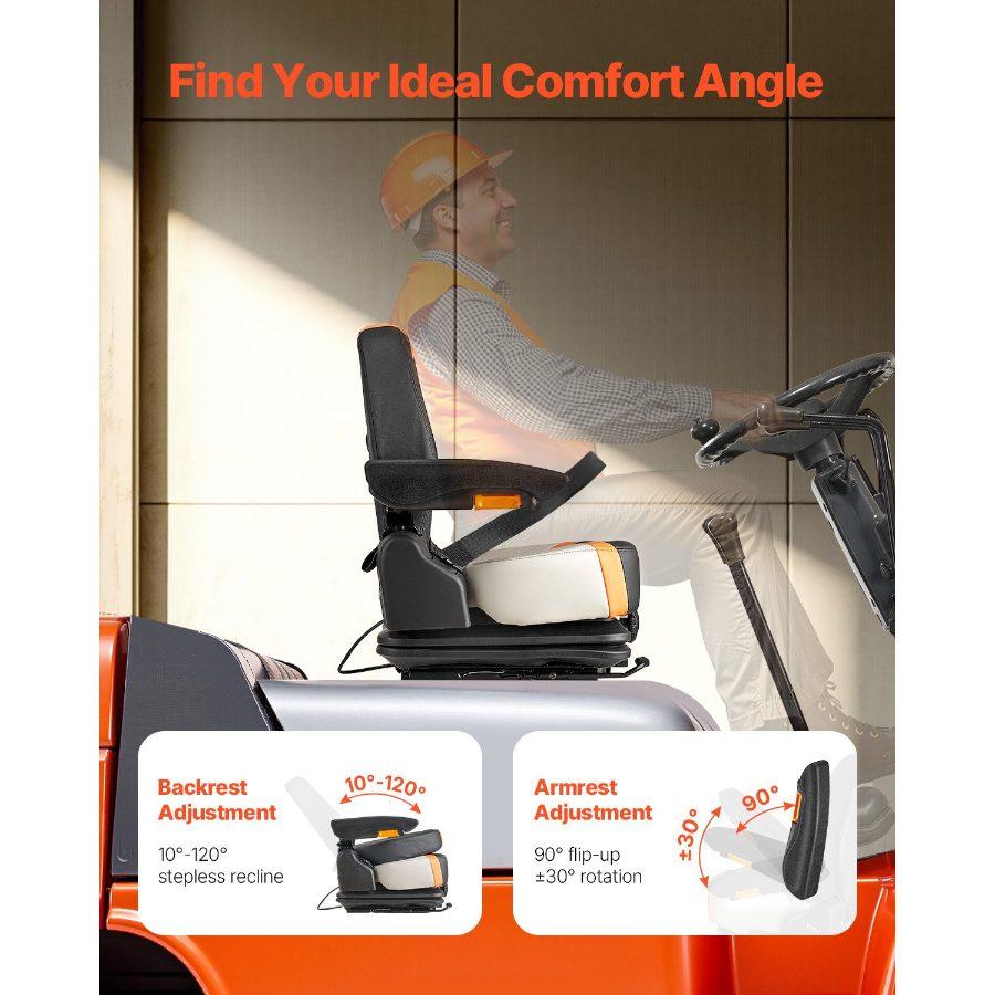 VEVOR Universal Forklift Seat, Tractor Suspension Seat with Adjustable Back, Armrest Safety Belt, Secure Fold Down Tractor Seat with Micro Switch, Lawnmower Seat for Skid Loader Bulldozer