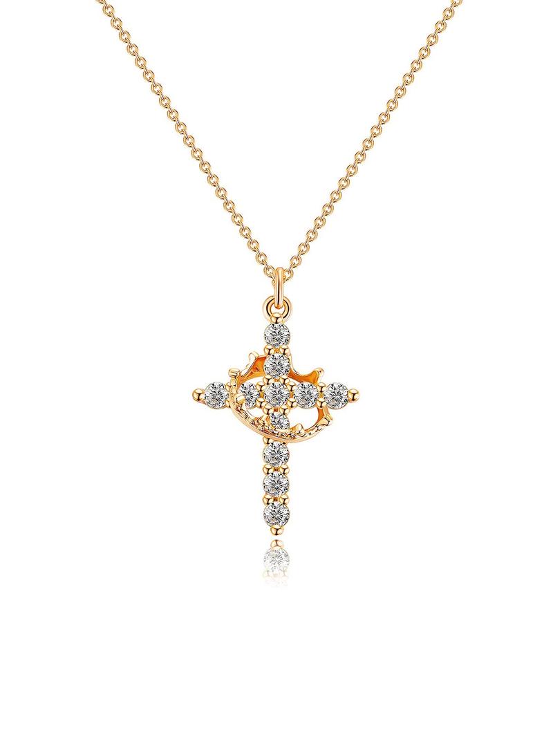 Rhinestone Crown & Cross Pendant Necklace for Women & Men, Fashion Jewelry for Party, Daily Clothing Decor, Trendy All-match & Exquisite Jewelry for Birthday Gift, Exquisite Chain Jewelry