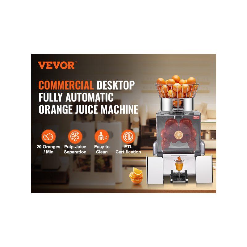 VEVOR Commercial Orange Juicer Machine, 120W Automatic Feeding Juice Extractor, Stainless Steel Juice Extractor for 25 Oranges Per Minute, with Pull-Out Filter Box, PC Cover, 2 Peel Collecting Buckets