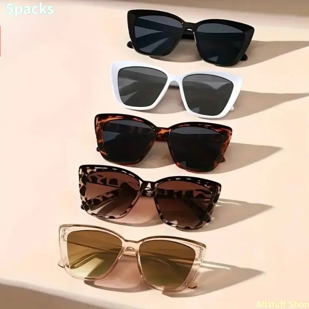 Women's Oversized Vintage Cat Eye Sunglasses Set (5PCS Bulk), Anti-UV UV375 Protection Lenses, Lightweight PC Frame, Semi-Rimless Unisex Eyewear for Summer Travel, Driving, Womens Sunglasses, Bulk Women's Sunglasses