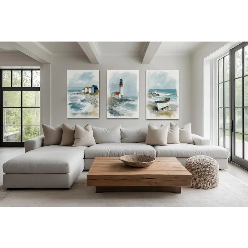 3 Piece Beach House Wall Art, Coastal Wall Art,Paintings Of Lighthouse, Old Boat And Beach Huts Canvas Print Framed Ready To Hang