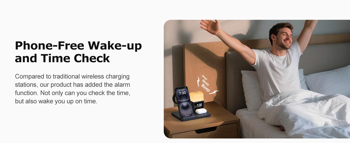 Wireless Charging Station Alarm Clock with 8 Touch Night Lights: 5 in 1 Charger Stand for Apple Devices - Charging Dock for iPhone 17 16 15 14 13 12 Pro Max Plus/Apple Watch/AirPods, Dimmable
