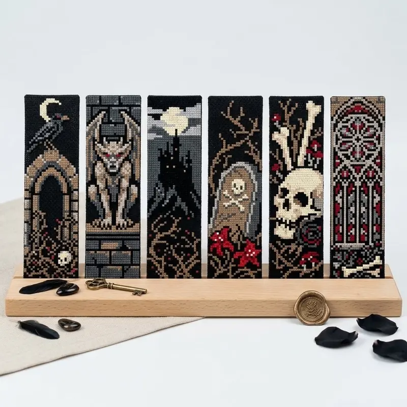 7-Piece DIY Cross-Stitch Bookmark Set | Gothic-Style Pixel Art Designs, perfect for beginners. Ideal as handmade gifts, home decor, and creative craft supplies  perfect for book lovers and leisure activities.