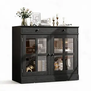 Modern Sideboard Buffet Cabinet with Glass Doors, 35" Wood Storage Console with Adjustable Shelves & Drawer, Sturdy 300LBS for Dining Room Kitchen Living Room