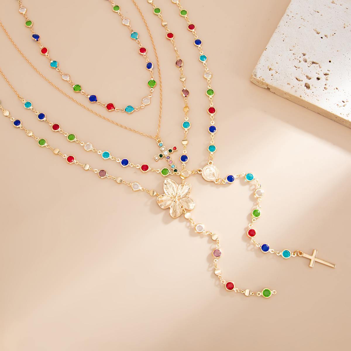 Creative Colorful Y-Shaped Multi-Layer Crystal Necklace – Sweet Style Metal Flower Choker