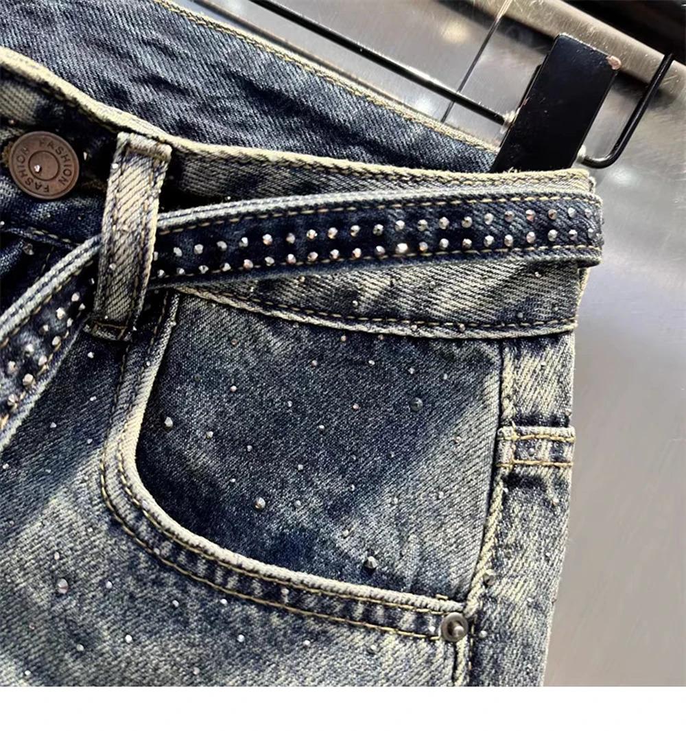 Oversize Retro Diamond Denim Mini Skirt for Women Summer High Waist Shiny Rivet Slim Skirts Gradient Black Grey Jean Skirts, Womenswear Bottom Palda Basic Minimalist