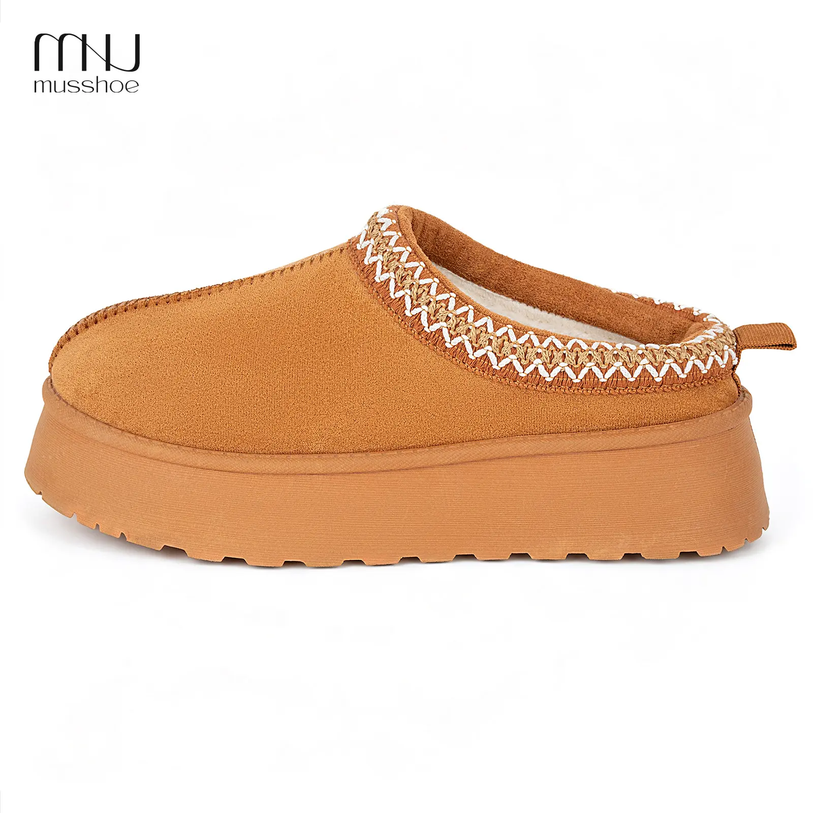 MUSSHOE Women’s Soft Faux-Fur Platform Clogs - Women’s House Indoor Outdoor Slippers, Fuzzy Suede Slip-On Footwear, Embroidered Trim, Rubber Sole Grip