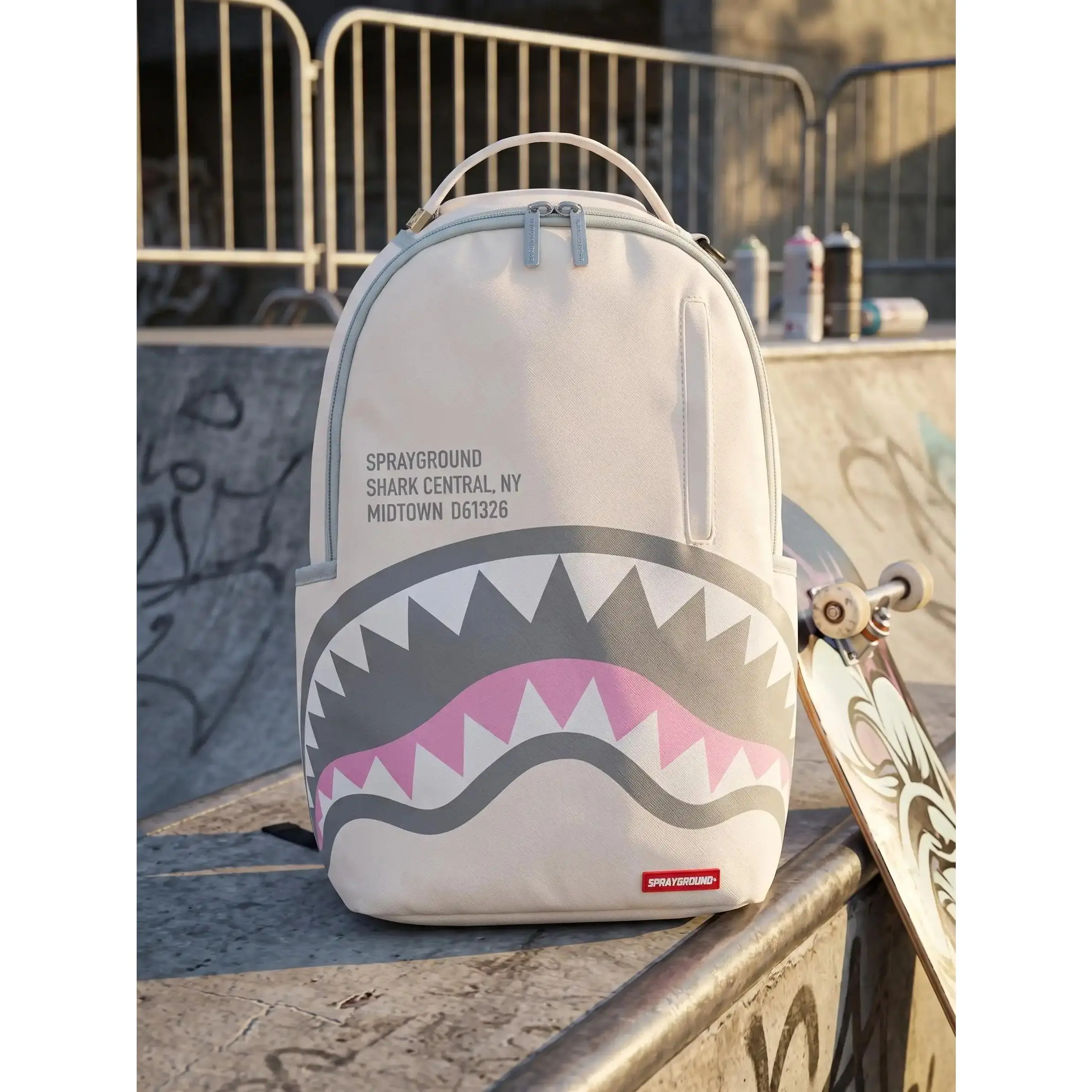 SG White Shark Central NY Shark Mouth Backpack, Grey Pink White Shark with Midtown Address Text, Streetwear School Travel Laptop Daypack for Women