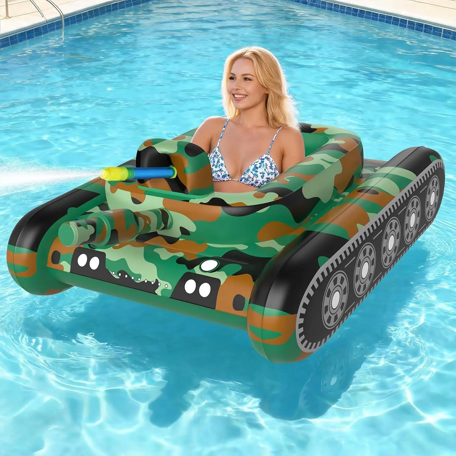 Inflatable Tank Pool Float, Swimming Pool Floaties Tank with Water Cannon Gun, Swim Raft Water Battle Fun for Lake, Pool Party, Beach & Backyard for Adults-GreenGift
