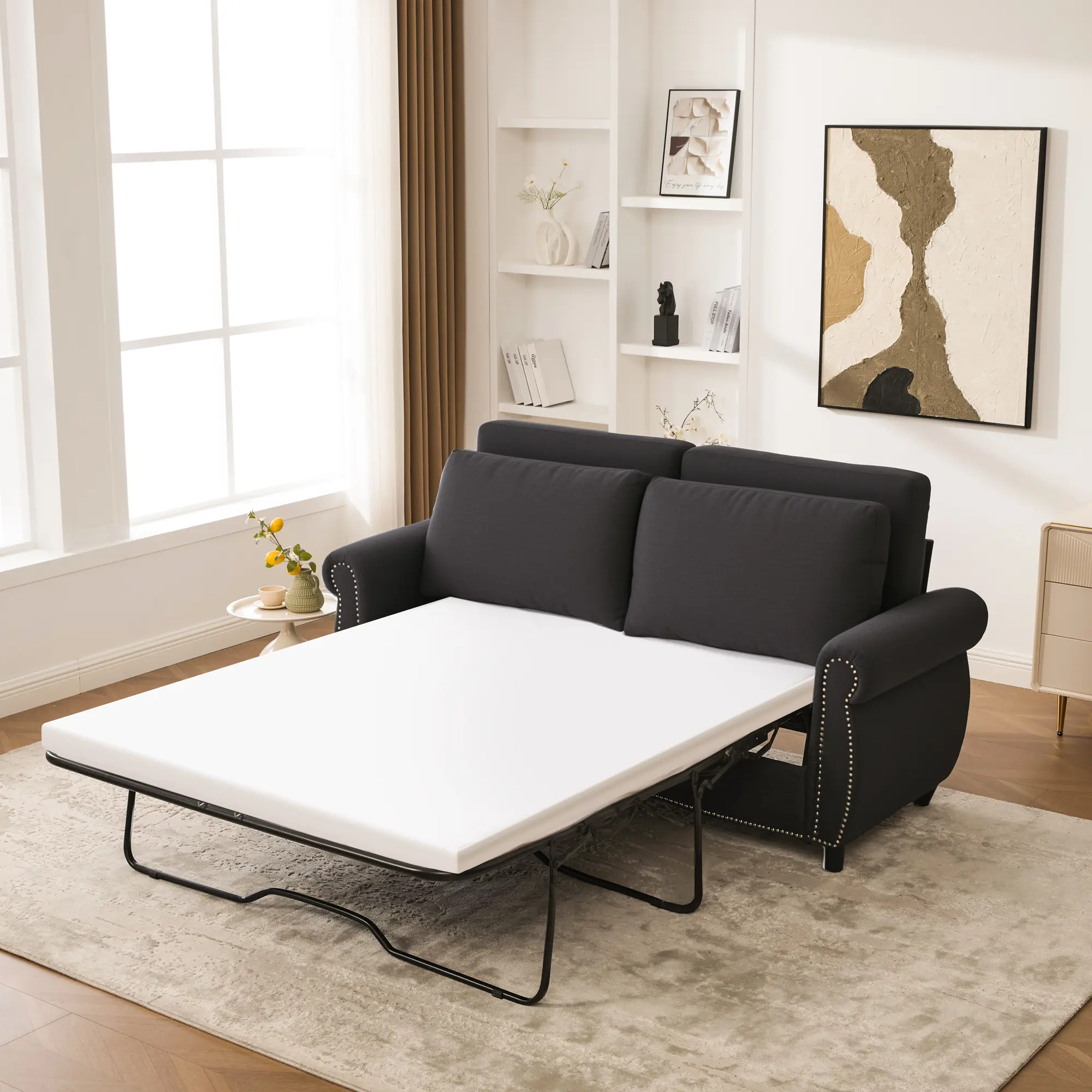 ARCH 2-Seat 74-Inch Upholstered Sectional Sleeper Sofa Bed with Pull-Out Mattress, Vacuum or Lightly Brush Fabric, Space-Saving Modern Linen Convertible Couch for Living Room Small Space Apartments, Sectional Couch