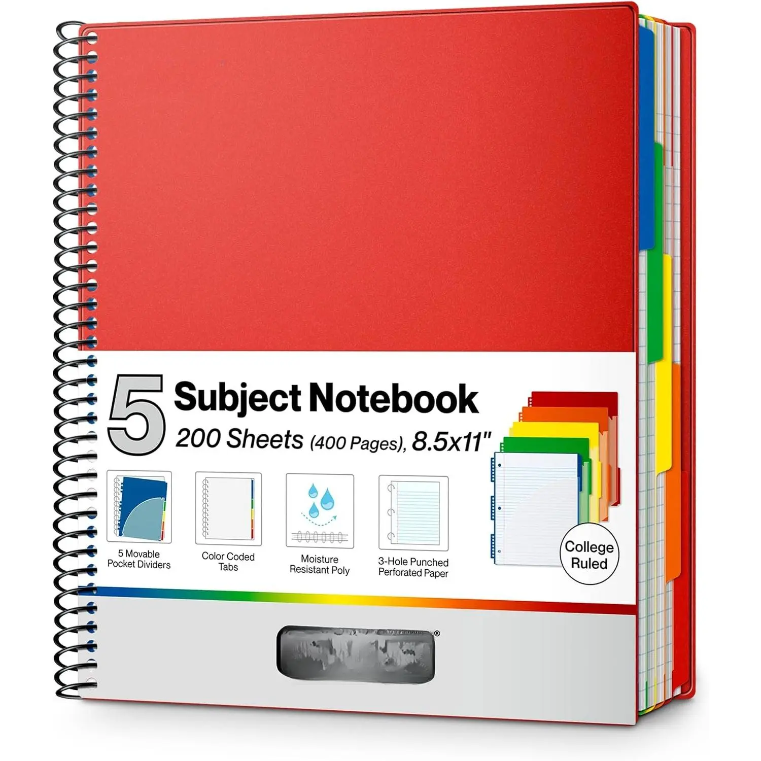 5-Subject Spiral Notebook 8.5x11, College Ruled, 200 Sheets, Red | 400 Pages, 3-Hole Punched Perforated Paper, 5 Movable Dividers, Double-Sided Storage Pockets, 10 Labels
