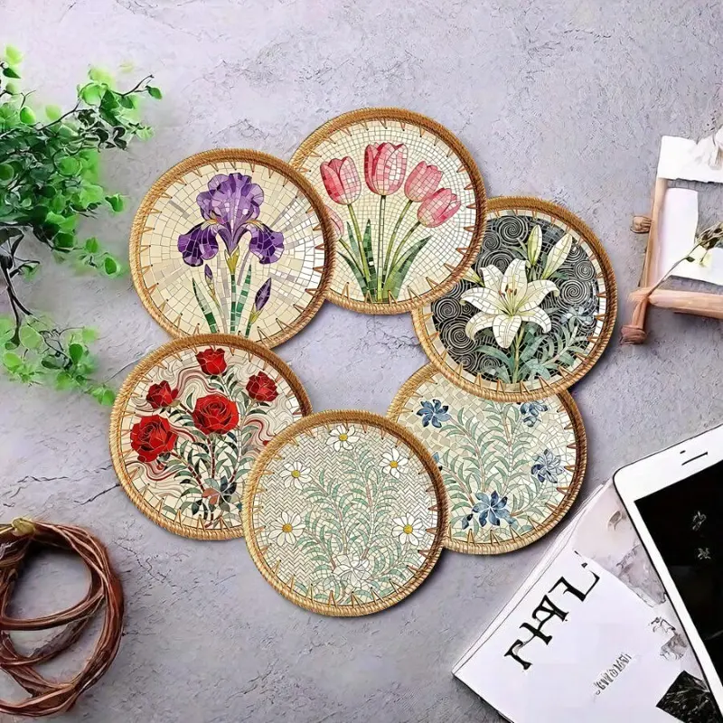 Tulip Floral Silicone Round Coasters Heat Insulation Drink Mats Waterproof Non Slip Car Cup Holder Pads Multi-Purpose Auto Interior Tea Table Decor Accessories For Coffee Tea Mugs