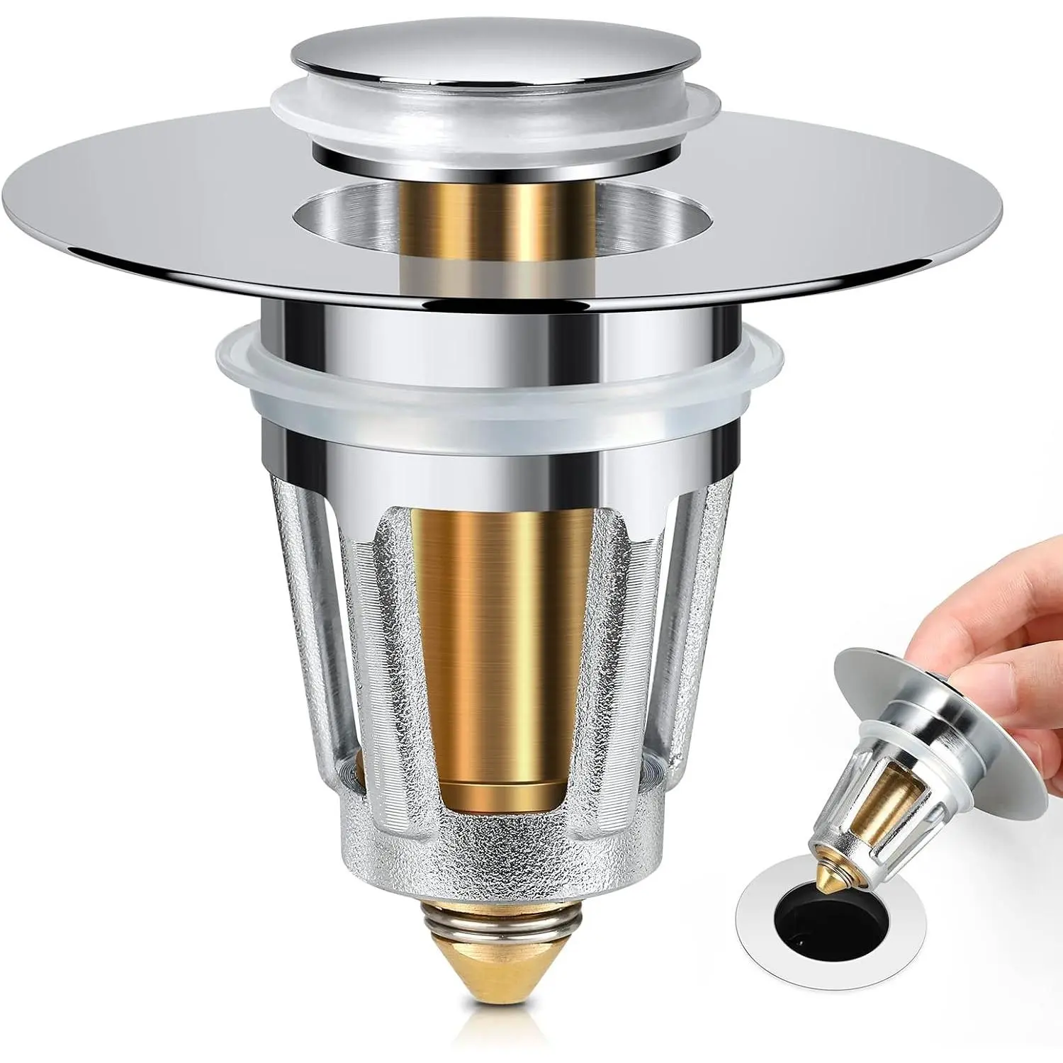 Universal Bathroom Sink Stopper for 1.1-1.5 Inch Bullet Core Push Type Basin Pop Up Drain Filter Bathtub Converter Sink Drain Strainer Plug No Overflow with Basket Hair CatcherGift