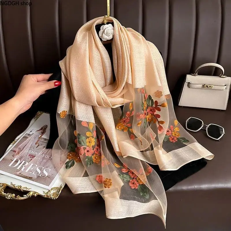 Champagne Floral Scarf with 3D Embroidery, Sheer Organza Silk Shawl for Office Events, Lightweight and Versatile Unisex Wear