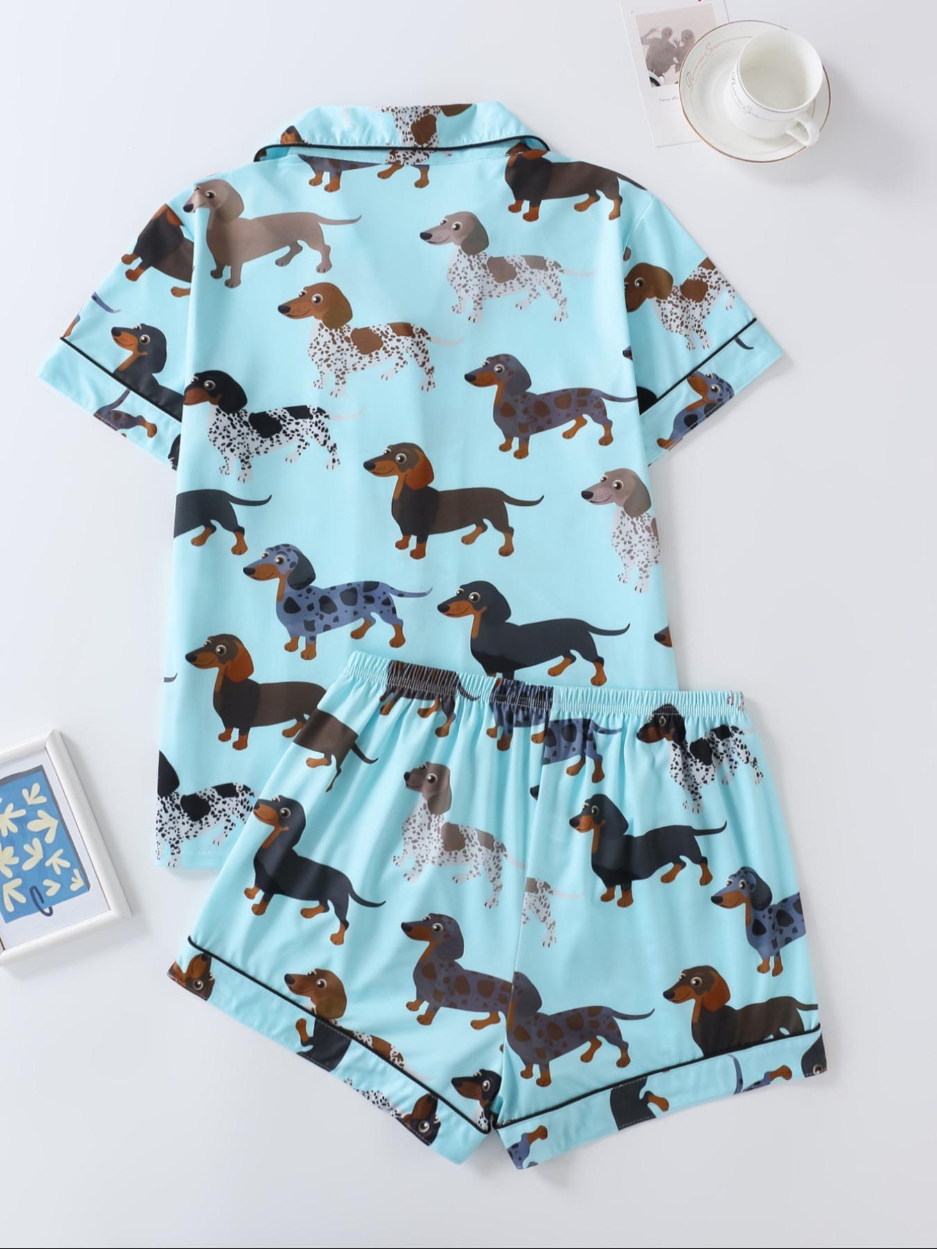 Women's Cartoon Dog Print Short Sleeve Matching Pajamas Two-piece Set, Casual Comfy Lapel Neck Button Design Pj Set for Daily Home Wear, Ladies Sleepwear for All Seasons, Loungewear,  Pastel Cute Pajamas, Breathable Stylish Pajama, Cute Pajama Sets