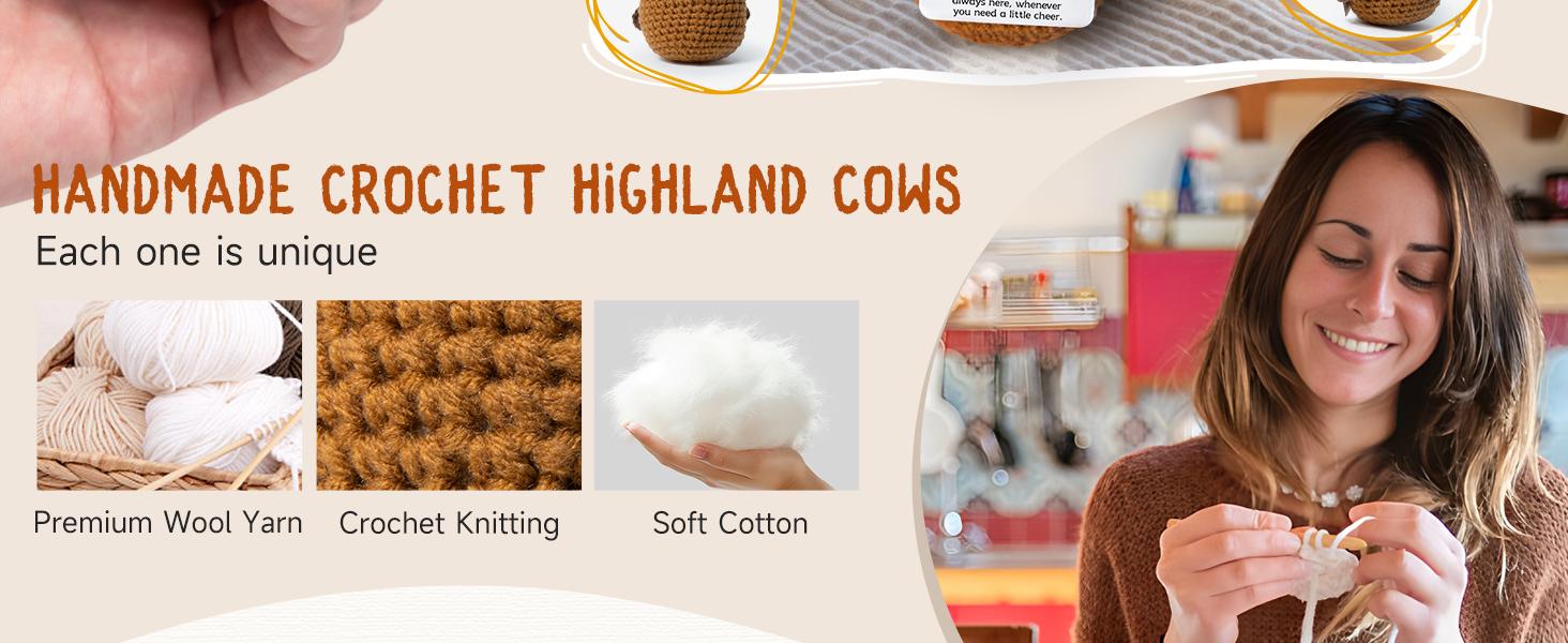 Emotional Support Highland Cow Cute Crochet Desk Decor, Mini Funny Adorable Stuffed Highland Cow Figurine, Positive Crochet Animal Ornament for Women & Coworkers, Heartwarming Cheer Up Gifts & Lovely Desktop Decor to Boost Mood Daily