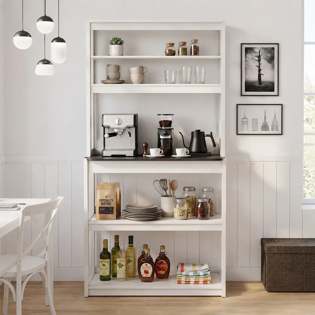 31.5" White and Black color 5-Tier Bakers Rack for Kitchen with Storage, Coffee Bar, Kitchen Shelves,  Microwave Stand