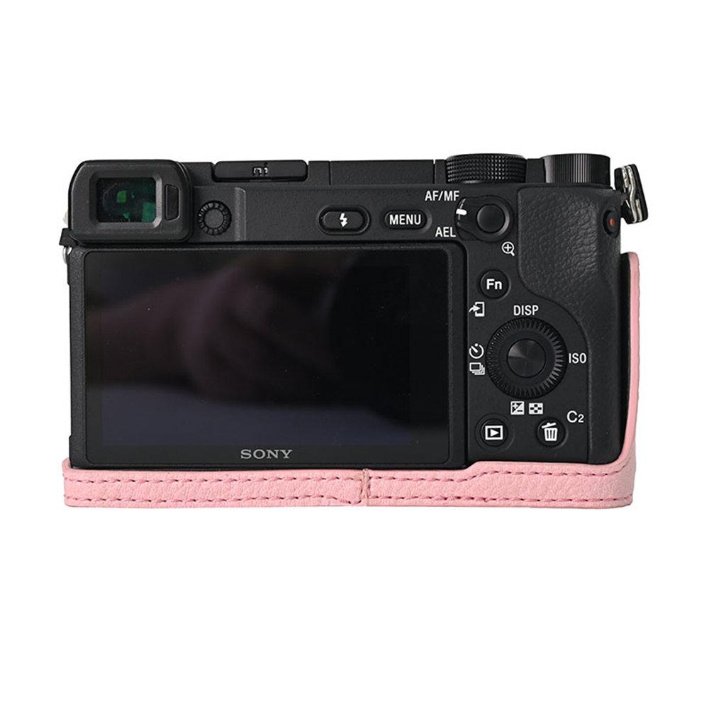 Litchi Pattern PU Leather Camera Half Case for Sony A6300 A6400 A6000 A6100 Bottom Opening Magnetic Cover With Strap