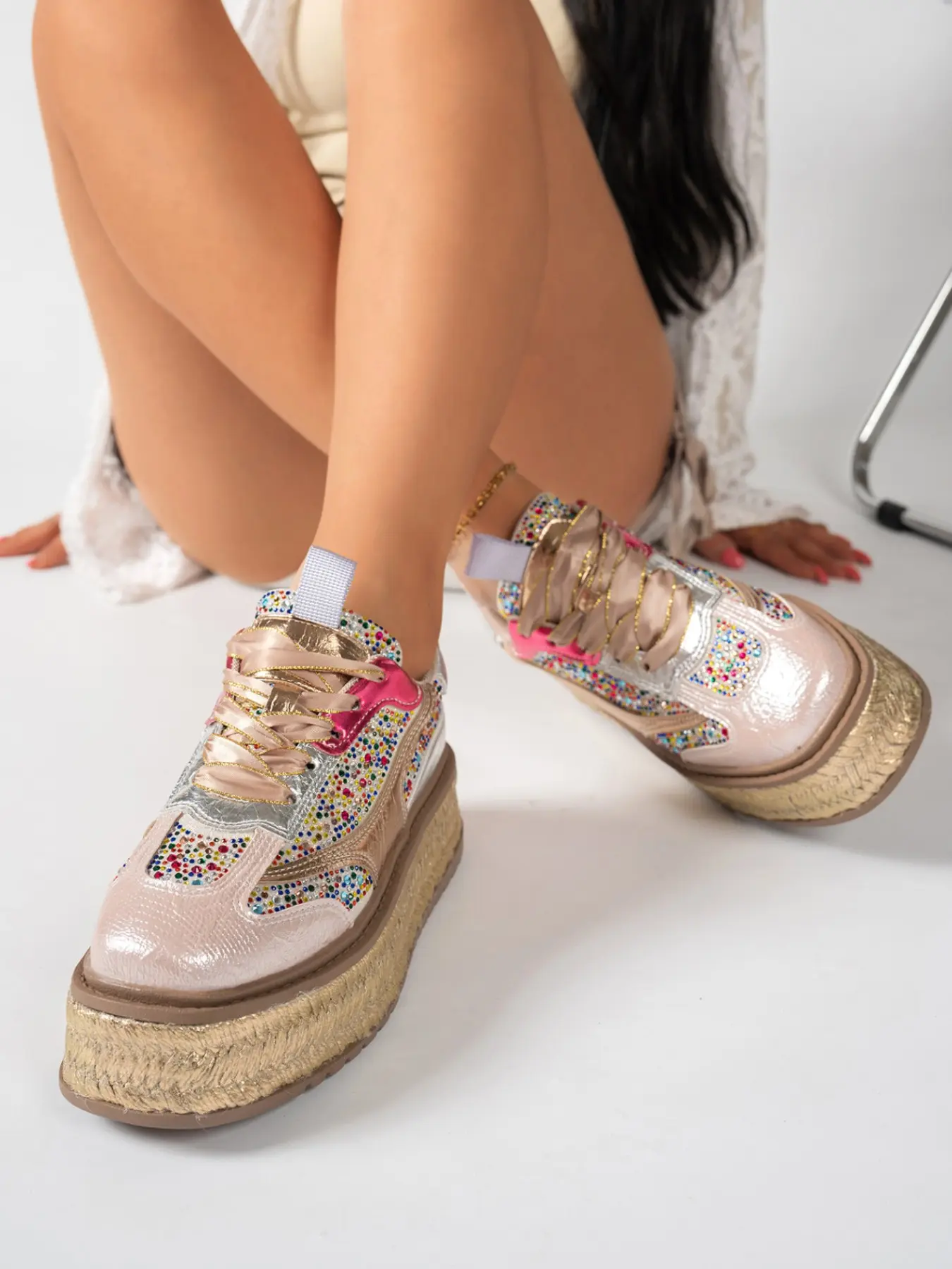American Style Sporty Sneakers, PU Leather Patchwork Design, Rubber Sole, All Seasons, Thick Bottom, Colorful Rhinestones, Women's Shoes
