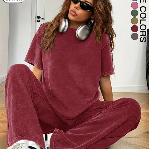 Women's Acid Wash Vintage Cotton 2-Piece Matching Set Top, Loose-Fit Crew Neck Short-Sleeve Tee and Wide-Leg Palazzo Pants, Casual Streetwear Lounge Co-ord Set