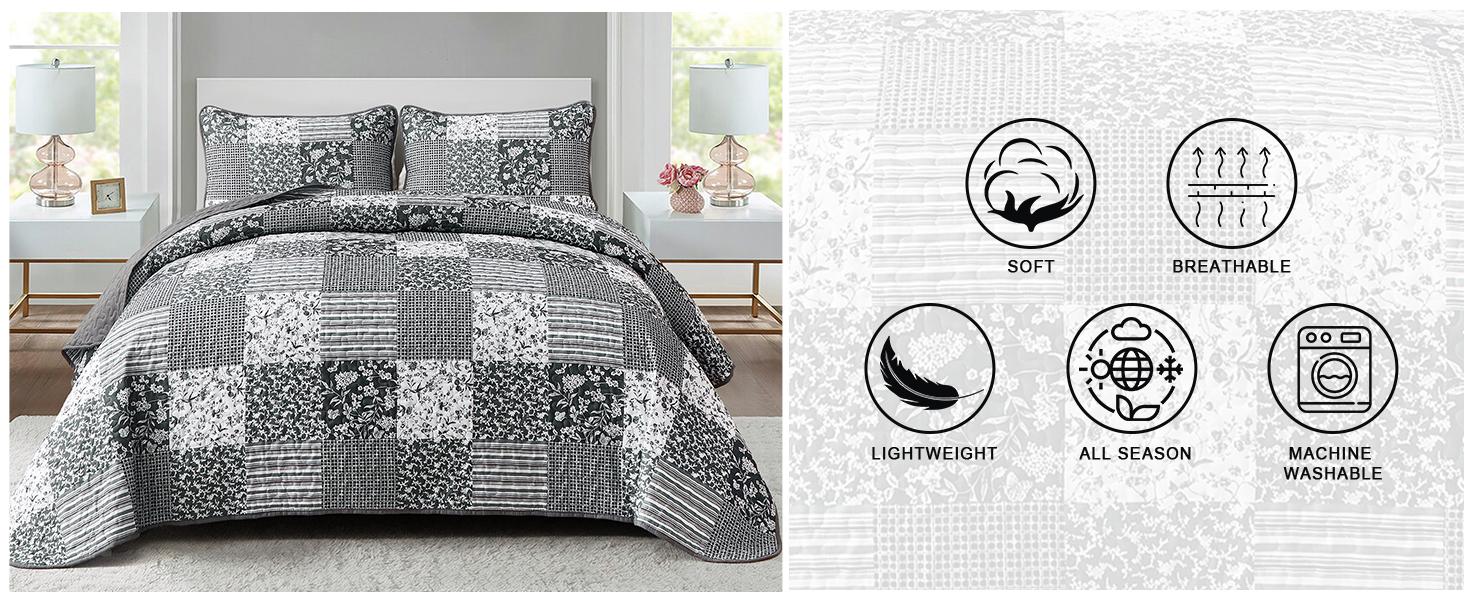 Green Set Twin Size, 2 Pieces Floral Bedspread Set Patchwork Reversible Bedding Set Microfiber Lightweight Bedspread Coverlet Set for All Season 68"x86"