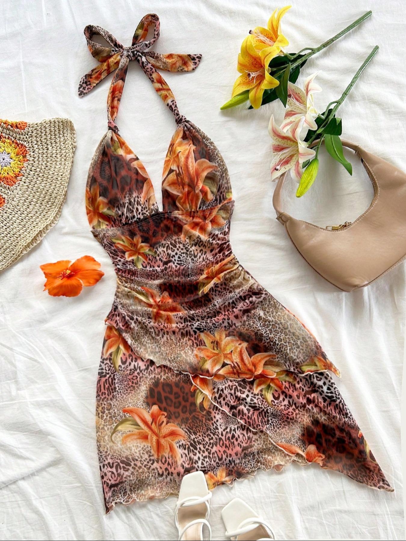 Women's Colorblock Print Tie Back Fashion Draped Dress, Chic Casual Halter Sleeveless Dress for Summer, Ladies Clothes for Beach Holiday Vacation