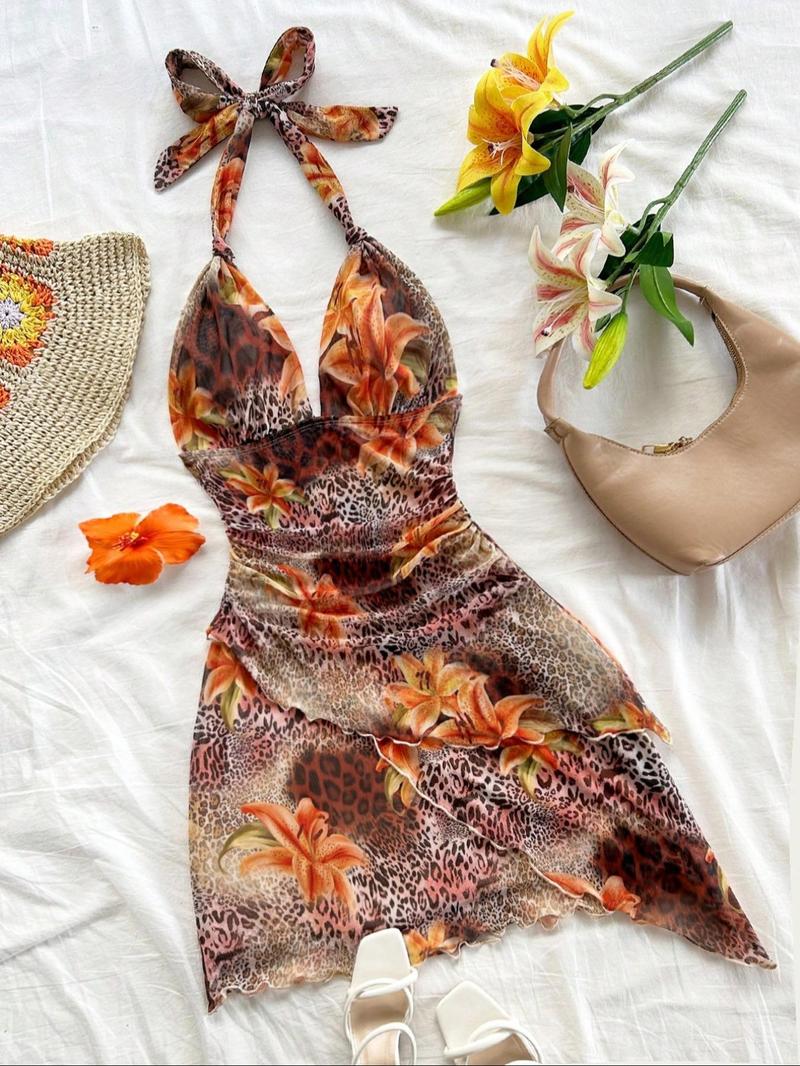 Women's Colorblock Print Tie Back Fashion Draped Dress, Chic Casual Sleeveless Dress for Summer, Ladies Clothes for Beach Holiday Vacation