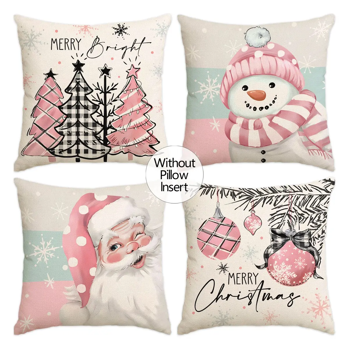 4pcs Christmas Pillow Cover, Santa Claus, Christmas Tree Snowman Pattern Single sided Printed Cushion Cover, Suitable for Christmas Bedroom, Living Room, Sofa, Farmhouse, Bed, Car Decoration Cushion Pillow Cover Versatile Uses (No Pillow Core)