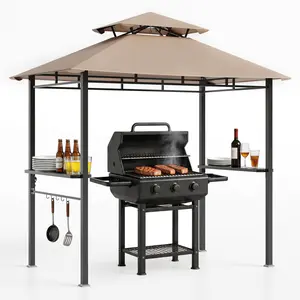 8x5 FT Double Tier BBQ Grill Gazebo Outdoor Metal Canopy Shelter With Smoke Vent Side Serving Shelves 5 Tool Hanging Hooks Bottle Opener Waterproof Awning For Backyard Patio