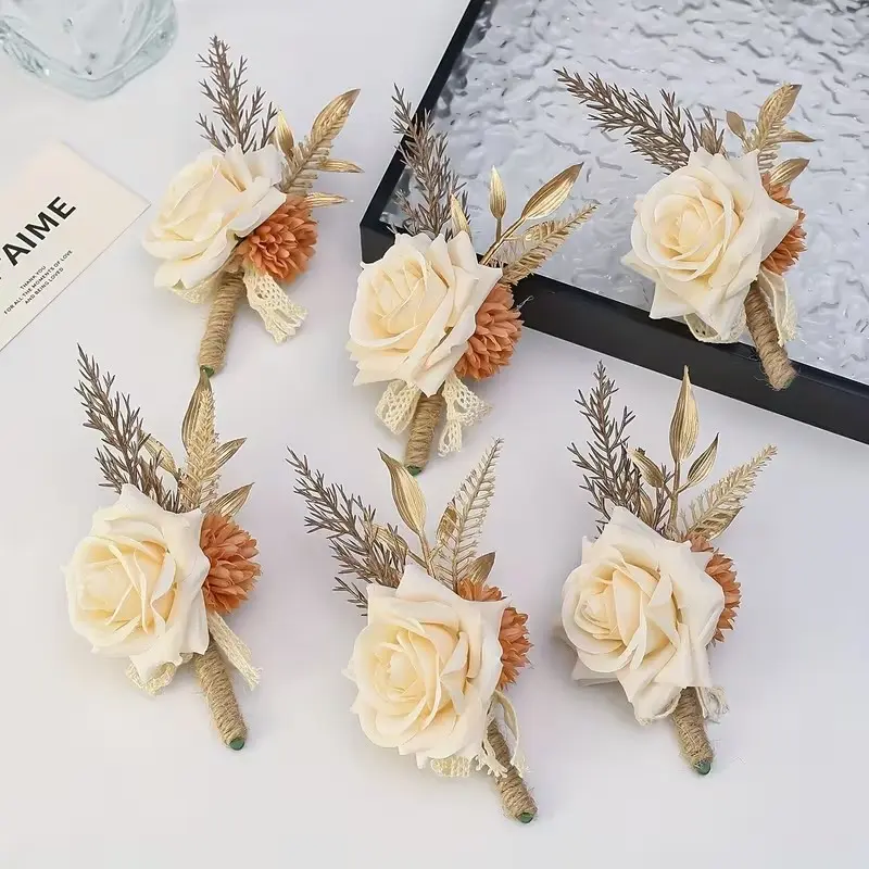 6pcs Champagne Rose Bouquets with Gold Leaves, Elegant Lapel Pins for Wedding, Engagement, Party, Campus Celebration, Travel Event