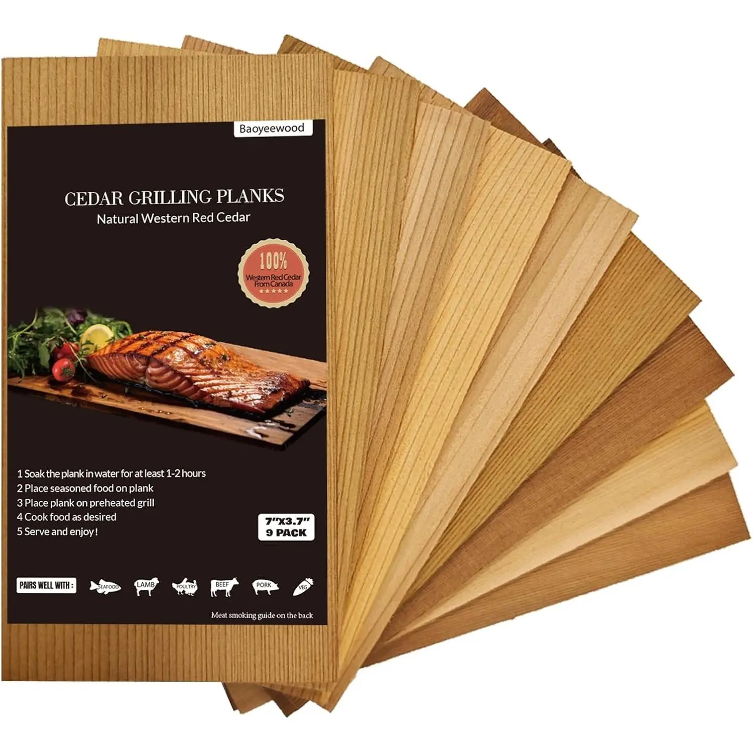 9 Pack Western Red Cedar Planks for Grilling Salmon, 7"x3.7" Grilling Planks, BBQ Accessories for Grilling