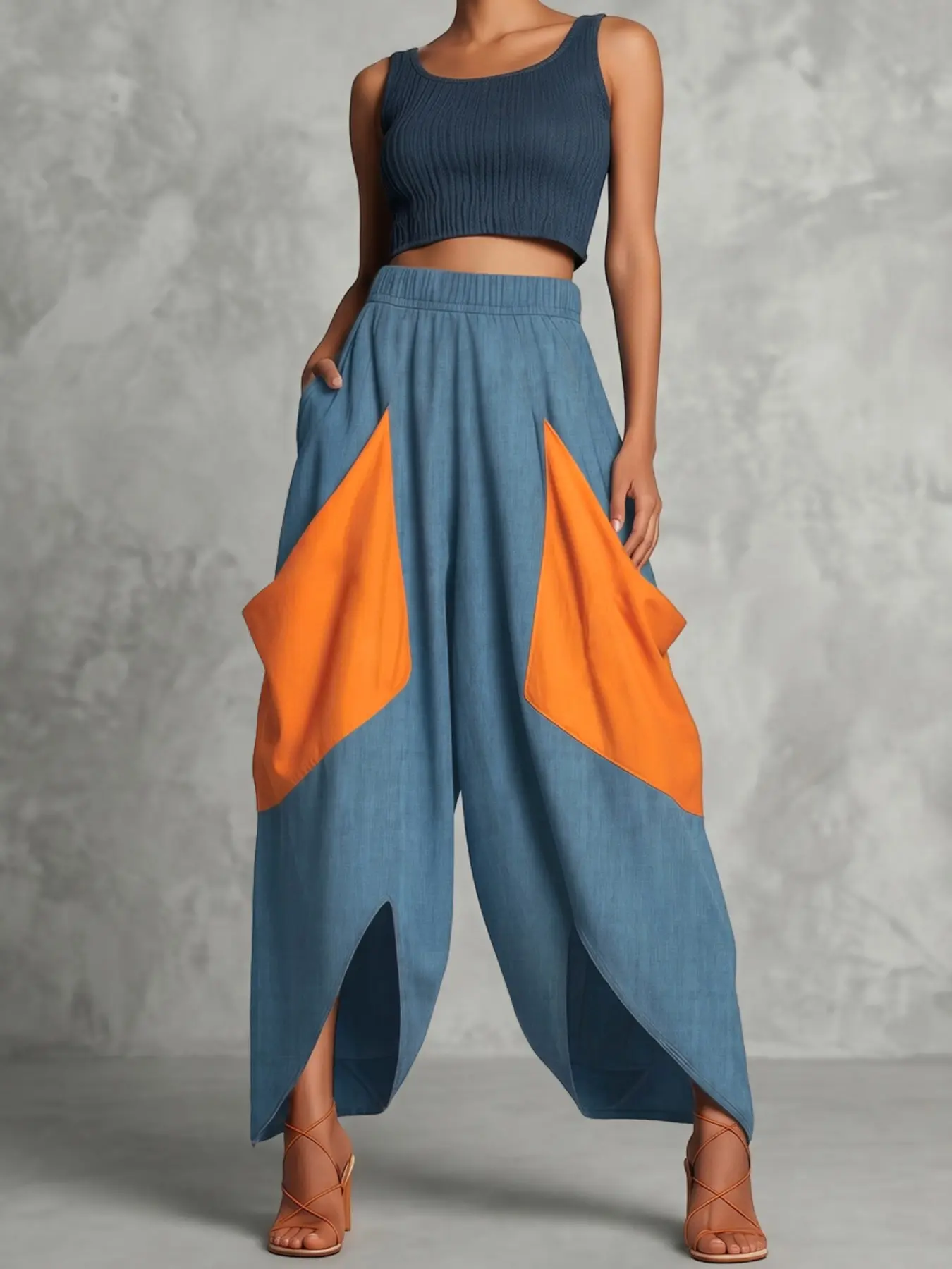 High-Waisted Loose Fit Colorblock Elastic Pocket Split Nine-Inch Casual Straight Leg Pants, Comfortable and Stylish, Perfect for Casual Wear