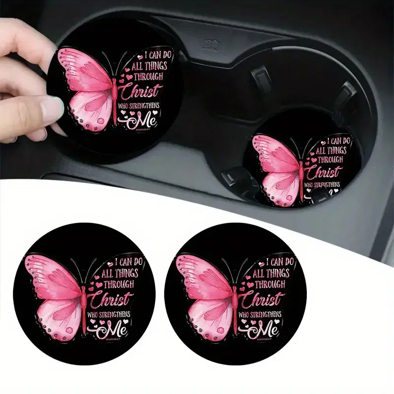 Women's 2-Pack Pink Butterfly Absorbent Ceramic Bible Verse Car Coasters, Faith-Themed Auto Interior Decor, Religious Gift for Camping & Hiking Enthusiasts, No, Christian Bible Verse